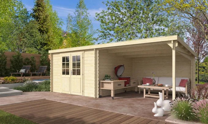 Abri de jardin Moussy 34mm - 8,13m² intérieur + préau 8.13m²
